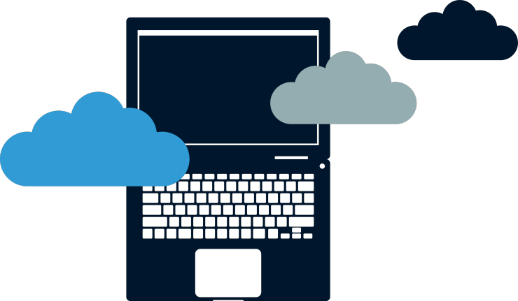 Laptop med tre moln i tre olika blå nyanser.