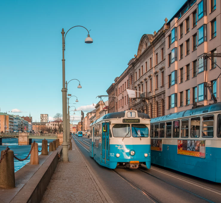 trams in Gothenburg by the river