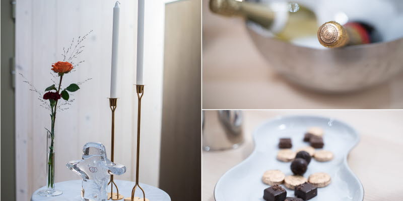 VIP Service Arlanda bord med ljusstakar, choklad och dryck