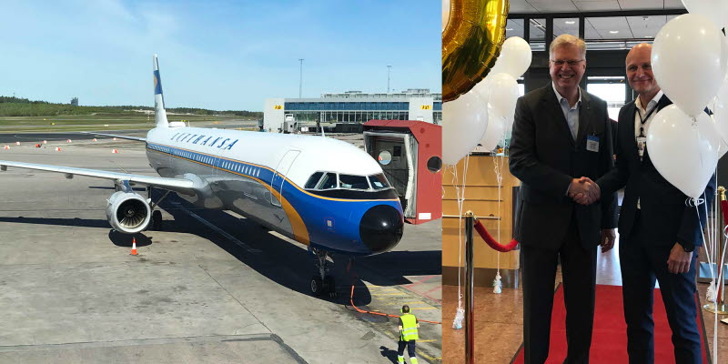 Flygplan på flygplats och två män som firar Luftahansa 60 år