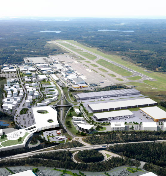 Illustration vy över framtidens Airport City Göteborg