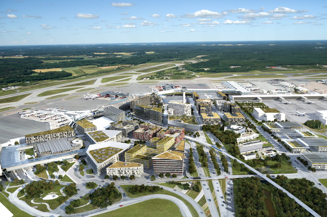 Vy över framtida Stockholm Arlanda Airport och flygplatsstad