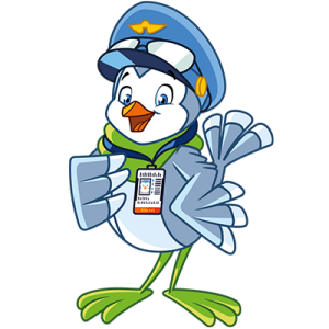Blue bird with green feet wearing a hat and a badge
