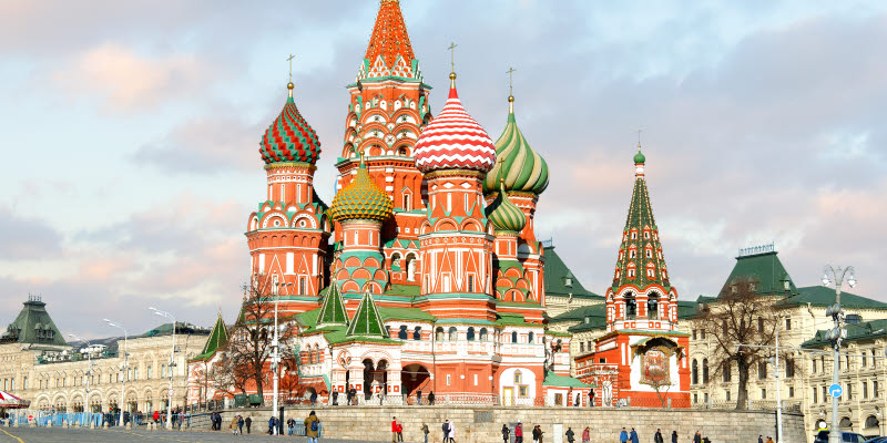 Panoramic view of the Red Square with Moscow Kremlin and St Basil's Cathedral in summer, Moscow, Russia.