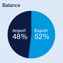 Pie chart showing the air cargo balance in 2024: 52% export and 48% import.