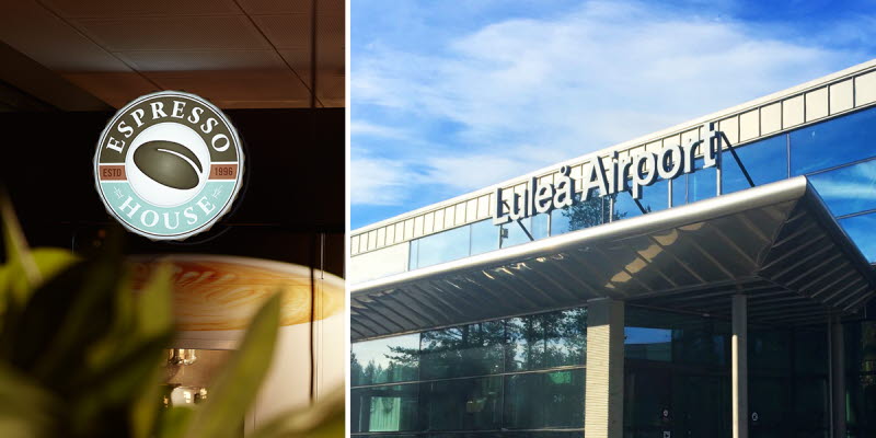 Collage: Espresso House log and facade image at Luleå Airport