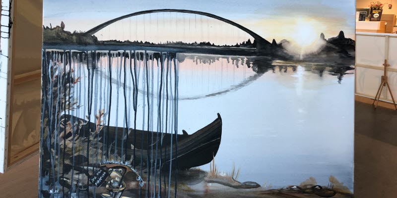 En målning på en bro över en flod och en båt vid strandkanten