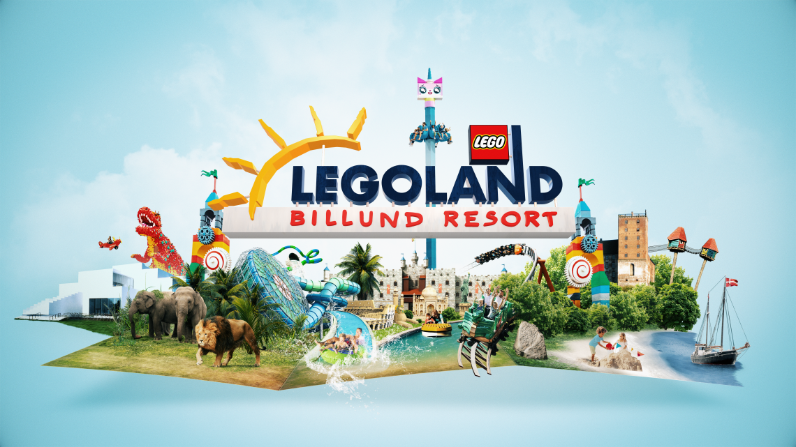 "LEGOLAND BILLUND RESORT" över en ö med en lego dinosaurie, elefanter, ett lejon, vattenrutchkana, åkattraktioner, en strand och ett skepp.
