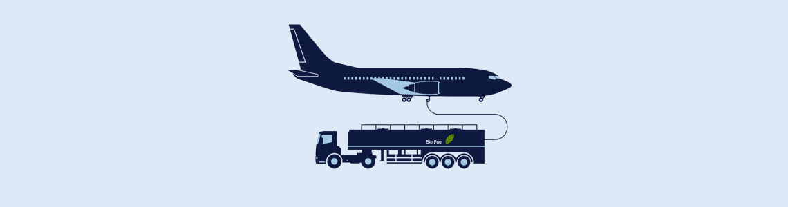 Illustration över flygplan och tankbil med biobränsle