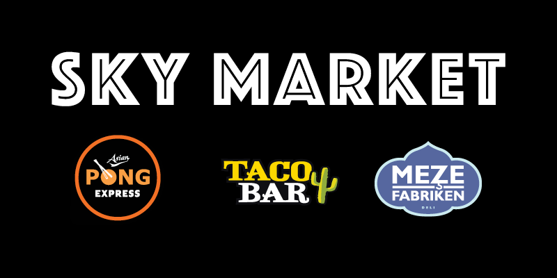 Sky Market logga, inklusive loggor för Pong Express, Taco Bar och Mezefabriken.