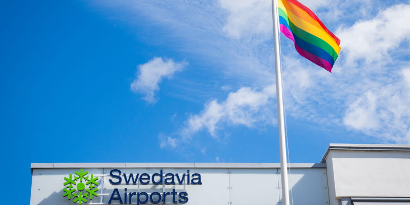 The Pride flag outside a Swedavia building