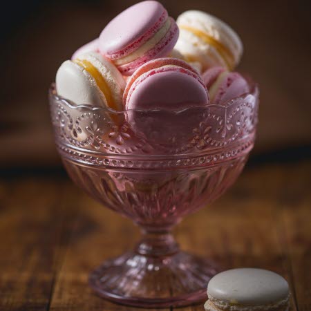 Rosa och vita macarooner i en rosa glasskål.