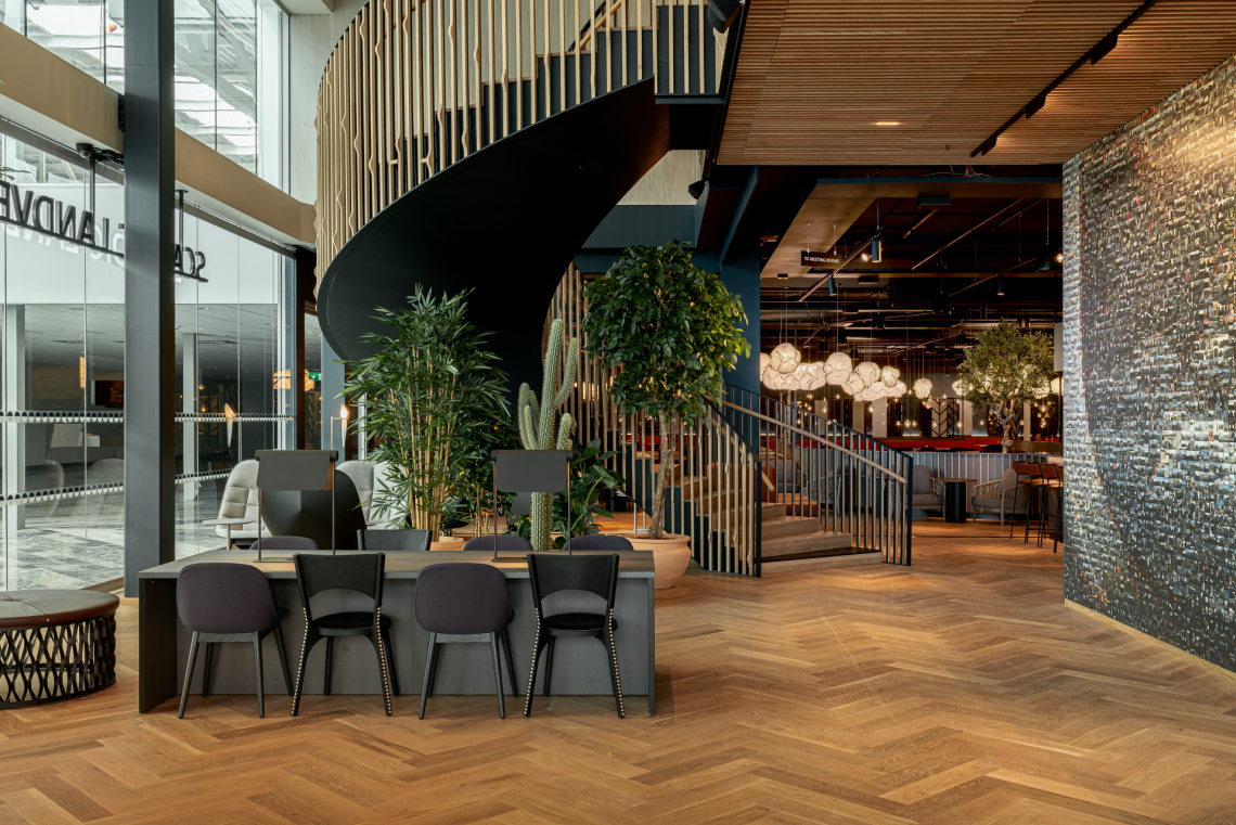 Hotel lobby with table and stairs