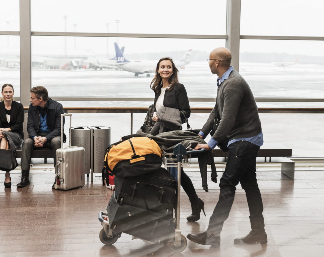 Two travelers with a luggage carrier