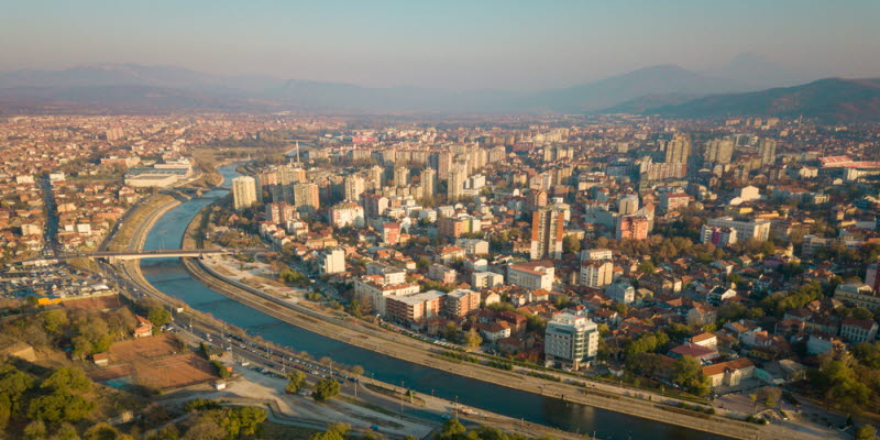 View of the city of Nis with the river Nisava and buildings