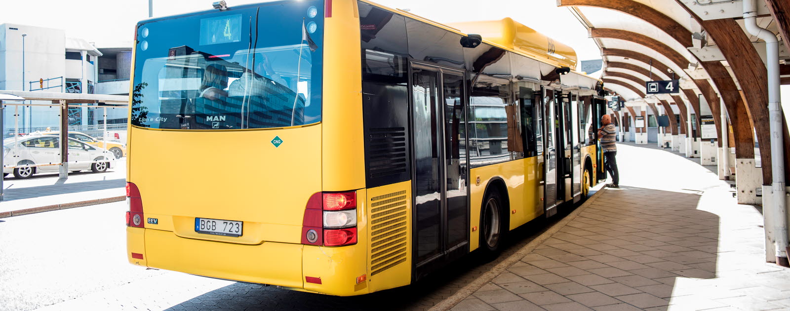 A yellow bus from behind