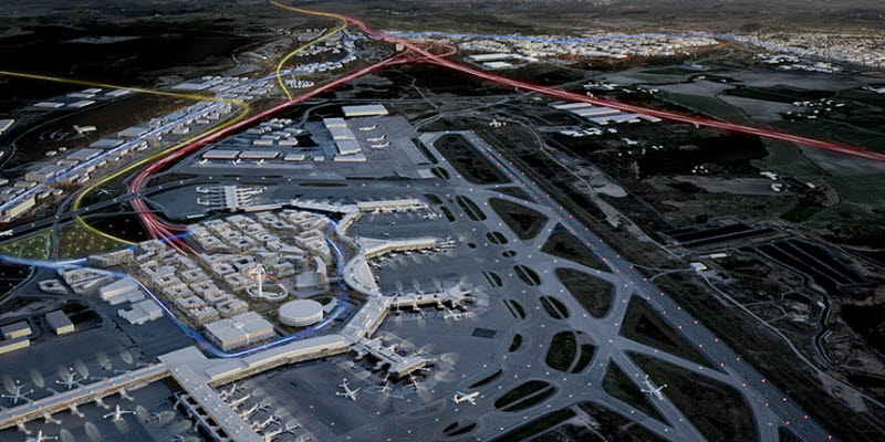 Visionsbild över framtidens Arlanda med utbyggd terminal och kontor på flygplatsområdet